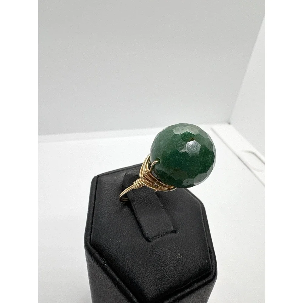 Gold-Filled Wire Wrapped Geodesic Faceted Green Aventurine Ring Size‎ 5.25 Boho